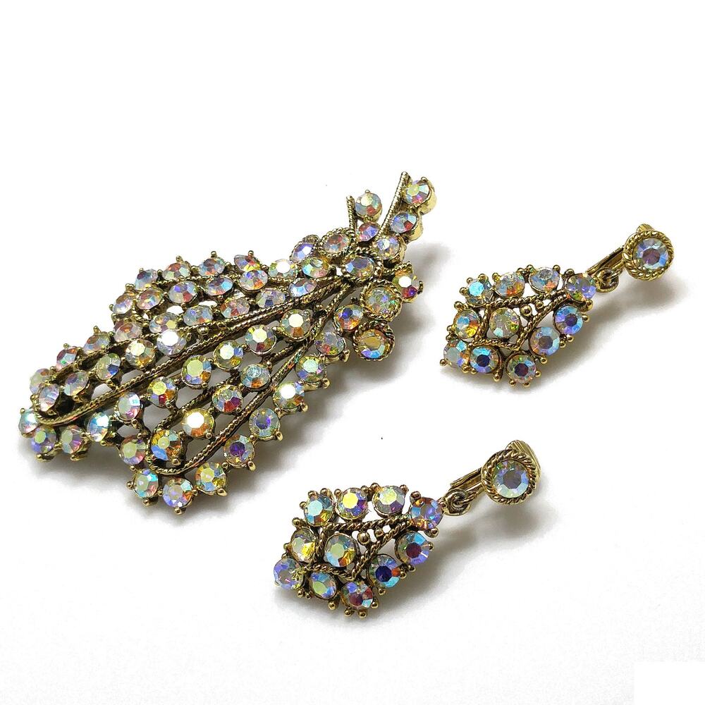 Aurora Borealis Rhinestone Floral Brooch Earrings, Rhinestone Gold Plate Vintage